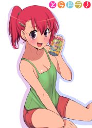 Rule 34 | 1girl, absurdres, alternate hairstyle, artist request, bare shoulders, breasts, can, cleavage, hair ornament, hairclip, highres, kushieda minori, looking at viewer, medium breasts, open mouth, ponytail, purple eyes, red hair, shorts, sitting, smile, solo, toradora!