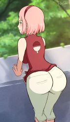 Rule 34 | 1girl, against wall, ass, backboob, bare shoulders, blush, breasts, diogio, from behind, green eyes, hairband, haruno sakura, highres, huge ass, large breasts, leaning, leaning forward, looking at viewer, looking back, naruto, naruto (series), pants, pink hair, shiny skin, short hair, sideboob, skirt, sleeveless, solo, wide hips