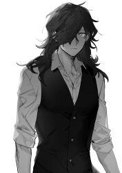 Rule 34 | 1boy, arms at sides, bright pupils, chago (aruchagos7180), closed mouth, collared shirt, commentary, dress shirt, facial hair, fate/grand order, fate (series), formal, greyscale, hair down, hair over one eye, highres, long hair, long sleeves, looking at viewer, male focus, messy hair, monochrome, okada izou (fate), one eye covered, shirt, simple background, sleeves rolled up, solo, stubble, suit, symbol-only commentary, upper body, vest