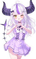 Rule 34 | 1girl, ;p, ahoge, bare shoulders, black bow, black choker, blush, bow, brown eyes, center frills, choker, closed mouth, collared shirt, commentary request, demon horns, dress shirt, frills, grey hair, heart, heart hands, highres, hololive, horns, jirai kei, la+ darknesss, long hair, looking at viewer, masaki (msk064), multicolored hair, one eye closed, pleated skirt, puffy short sleeves, puffy sleeves, purple hair, purple skirt, shirt, short sleeves, simple background, skirt, smile, solo, standing, streaked hair, tongue, tongue out, very long hair, virtual youtuber, white background, white shirt