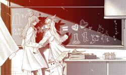Rule 34 | 2girls, bare legs, bow, chalk, chalkboard, commentary request, curtains, elira pendora, erlenmeyer flask, flask, from side, gloves, hair bow, hand on another&#039;s arm, head wings, highres, holding, holding chalk, imminent kiss, indoors, kyouno, lab coat, long hair, long sleeves, looking at another, monochrome, multiple girls, nijisanji, nijisanji en, paper, paper stack, pointy ears, pomu rainpuff, profile, pulling, shadow, sidelocks, single glove, smile, test tube, turing love, virtual youtuber, wings, yuri