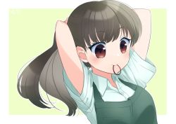 Rule 34 | 1girl, apron, blush, brown eyes, brown hair, collared shirt, hair tie in mouth, holding, holding hair, long hair, looking down, mikona honey, mouth hold, original, shirt, short sleeves, solo, tying hair