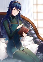 Rule 34 | 1girl, ameno (a meno0), black sweater, blue eyes, blue hair, blush, book, curtains, fire emblem, fire emblem awakening, hair ribbon, holding, holding book, indoors, long hair, long sleeves, looking at viewer, lucina (fire emblem), nintendo, open book, pillow, ribbed sweater, ribbon, sitting, smile, solo, sunlight, sweater, thighs, tiara, window