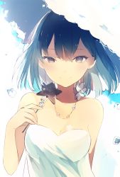 Rule 34 | 1girl, bad id, bad tumblr id, bare shoulders, blue dress, blue hair, breasts, brown eyes, cleavage, closed mouth, collarbone, dress, hat, holding, jewelry, looking at viewer, lpip, necklace, original, short hair, simple background, small breasts, smile, solo, star (symbol), strapless, strapless dress, sun hat, white background, white hat