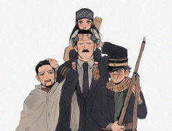 Rule 34 | 1girl, 3boys, ainu, ainu clothes, arisaka, arm up, asirpa, bad id, bad pixiv id, bandana, black coat, black eyes, black hair, black headwear, black jacket, black neckwear, black suit, blush, bolt action, buttons, cape, closed mouth, coat, collar, collared jacket, collared shirt, commentary request, facial hair, facial scar, facing viewer, formal, frown, full body, golden kamuy, grey background, grey eyes, gun, hair slicked back, hand in own hair, hat, he lsinki, highres, holding, holding gun, holding weapon, hood, hood down, hooded cape, imperial japanese army, jacket, kepi, long hair, long sleeves, looking at another, looking at viewer, military, military hat, military uniform, multiple boys, muscular, muscular male, mustache, necktie, ogata hyakunosuke, open clothes, open mouth, rifle, scar, scar on cheek, scar on face, scar on mouth, scar on nose, scarf, shirt, short hair, simple background, sitting on shoulder, smile, spiked hair, standing, star (symbol), stubble, sugimoto saichi, suit, two-tone headwear, undercut, uniform, upper body, ushiyama tatsuma, weapon, white cape, white shirt, yellow headwear