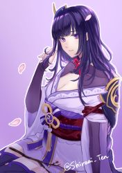 Rule 34 | 1girl, absurdres, armor, braid, breasts, bridal gauntlets, cleavage, closed mouth, commentary request, falling petals, floral print, flower, genshin impact, hair ornament, highres, japanese clothes, kimono, long hair, looking at viewer, medium breasts, obi, obiage, obijime, petals, purple background, purple eyes, purple flower, purple hair, raiden shogun, ribbon, sash, shiraai ten, shoulder armor, simple background, solo, tassel, thighhighs