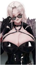 Rule 34 | 1girl, absurdres, adjusting eyewear, black gloves, bluecup, breasts, choker, cleavage, collarbone, dungeon and fighter, female slayer (dungeon and fighter), glasses, gloves, highres, huge breasts, looking at viewer, looking over eyewear, red eyes, removing eyewear, simple background, solo, sunglasses, upper body, veins, veiny breasts, white background, white hair