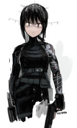 Rule 34 | 1girl, alternate costume, antennae, artist name, black hair, brown eyes, cosplay, cropped legs, ergot, expressionless, fingerless gloves, fubuki (kancolle), gloves, gun, james buchanan barnes, kantai collection, looking at viewer, marvel, name connection, serious, shaded face, short hair, simple background, slit pupils, solo, uniform, weapon, white background, winter soldier, winter soldier (cosplay)
