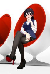Rule 34 | 1girl, :o, black footwear, black hair, black pantyhose, blue vest, blush, breasts, chair, commentary request, crossed legs, full body, hair between eyes, high heels, highres, large breasts, long hair, office lady, original, pantyhose, ponytail, red eyes, shirt, solo, torn clothes, torn pantyhose, vest, white background, white shirt, zhi chou