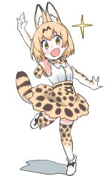 Rule 34 | 10s, 1girl, :d, animal ears, animal print, blonde hair, bow, bowtie, commentary request, elbow sleeve, extra ears, hands up, high-waist skirt, highres, kemono friends, leopard print, open mouth, sandstar, serval (kemono friends), serval print, serval tail, shadow, short hair, simple background, skirt, smile, standing, standing on one leg, tail, thighhighs, white background, yellow eyes, zettai ryouiki, zk (zk gundan)