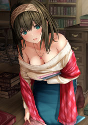 Rule 34 | 1girl, :d, aqua eyes, bare shoulders, black pantyhose, blue skirt, blush, book, book stack, bookshelf, breasts, brown hair, brown hairband, carpet, cleavage, collarbone, commentary request, desk, downblouse, fang, full body, hairband, hanging breasts, highres, holding, holding book, idolmaster, idolmaster cinderella girls, indoors, kneeling, leaning forward, long hair, long skirt, long sleeves, medium breasts, monaka curl, no shoes, off-shoulder sweater, off shoulder, on floor, open mouth, pantyhose, plaid, sagisawa fumika, shawl, skin fang, skirt, smile, solo, sweater, white sweater, wooden floor