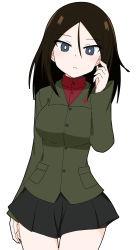 Rule 34 | 1girl, ame (amechan17391739), black hair, black skirt, blue eyes, bright pupils, closed mouth, commentary, cowboy shot, frown, girls und panzer, green jacket, hand in own hair, highres, insignia, jacket, long hair, long sleeves, looking at viewer, miniskirt, nonna (girls und panzer), pleated skirt, pravda school uniform, red shirt, school uniform, shirt, simple background, skirt, solo, standing, swept bangs, turtleneck, white background, white pupils