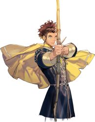 Rule 34 | 1boy, aiming, aiming at viewer, arrow (projectile), bow, bow (weapon), brown hair, cape, claude von riegan, dark-skinned male, dark skin, drawing bow, fire emblem, fire emblem: three houses, green eyes, highres, holding, holding bow (weapon), holding weapon, kurahana chinatsu, male focus, nintendo, smile, solo, transparent background, weapon, yellow cape