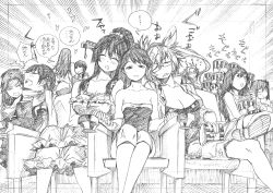 Rule 34 | ..., 6+girls, absurdres, akagi (kancolle), alternate costume, bare shoulders, blunt bangs, blush, breasts, casual, cleavage, closed eyes, collarbone, dress, drooling, eating, flower, food, food in mouth, graphite (medium), greyscale, hair flower, hair ornament, headgear, heart, highres, houshou (kancolle), indoors, interlocked fingers, jintsuu (kancolle), jun&#039;you (kancolle), kaga (kancolle), kantai collection, kitakami (kancolle), kojima takeshi, large breasts, long hair, monochrome, movie theater, multiple girls, musashi (kancolle), ooi (kancolle), open mouth, ponytail, popcorn, remodel (kantai collection), sendai (kancolle), sitting, sleeping, standing, sweat, traditional media, two side up, yamato (kancolle)
