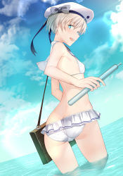 Rule 34 | 1girl, ass, bad id, bad pixiv id, bag, bikini, blue eyes, blue sky, breasts, butt crack, clothes writing, day, from behind, hat, highres, kantai collection, looking at viewer, pallad, partially submerged, pleated skirt, sailor bikini, sailor collar, sailor hat, short hair, side-tie bikini bottom, silver hair, skirt, sky, small breasts, solo, swimsuit, wading, white bikini, z1 leberecht maass (kancolle)