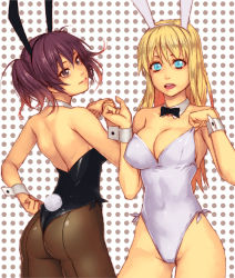 Rule 34 | 2girls, animal ears, ass, back, back-seamed legwear, backless outfit, bags under eyes, bare back, bare legs, bare shoulders, blonde hair, blue eyes, breasts, cleavage, cuffs, detached collar, fake animal ears, large breasts, leotard, medium breasts, multiple girls, mustard seeds, original, pantyhose, playboy bunny, rabbit ears, rabbit tail, seamed legwear, tail, wrist cuffs, yuuji (and)