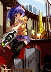 Rule 34 | 1girl, arm cannon, bad id, bad pixiv id, breasts, cellphone, female focus, highres, miyazakisoul, no panties, no pussy, outdoors, phone, ponytail, purple hair, red eyes, school uniform, skirt, sky, solo, thighhighs, weapon, zettai ryouiki