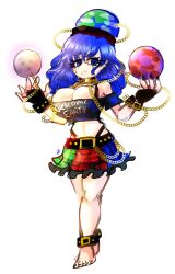 Rule 34 | 1girl, barefoot, blue eyes, blue hair, breasts, cleavage, emerald kitty, fingerless gloves, gloves, hecatia lapislazuli, highres, large breasts, looking at viewer, midriff, nervous, piercing, solo, tears, touhou