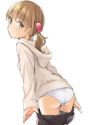 Rule 34 | 1girl, ass, bad id, bad pixiv id, blonde hair, blush, brown hair, closed mouth, clothes pull, colored eyelashes, from behind, green eyes, hair between eyes, hair bobbles, hair ornament, head tilt, hood, hooded track jacket, hoodie, jacket, leaning forward, looking at viewer, looking back, original, panties, pants, pants pull, short twintails, shorts, shorts pull, simple background, solo, thighs, track jacket, twintails, underwear, white background, white panties, yoropa