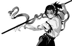 Rule 34 | 1girl, androgynous, animal, bell, chinese clothes, closed mouth, colored sclera, daxing jia quan, fighting stance, greyscale, highres, holding, holding polearm, holding weapon, japanese clothes, jingle bell, kimono, looking at viewer, monochrome, open mouth, original, outstretched arms, parted bangs, pole, polearm, ponytail, scar, scar on arm, scar on face, short sleeves, simple background, slit pupils, snake, tasuki, toned, twisted torso, upper body, weapon