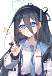 Rule 34 | 1girl, ahoge, aris (blue archive), black hair, black skirt, blue archive, blue eyes, blue necktie, blush, breast pocket, closed mouth, coat, collared shirt, hair between eyes, hairband, halo, hand up, highres, index finger raised, long hair, long sleeves, necktie, one side up, open clothes, open coat, pocket, ringed eyes, shirt, simple background, skirt, smile, solo, sparkle, tosankaku, white background, white coat, white shirt