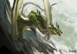 absurdres animal_focus claws cloud commentary_request dragon from_side full_body green_scales highres horns monster no_humans open_mouth original outdoors scales sharp_teeth signature slit_pupils solo sonech tail teeth western_dragon wings wyvern yellow_eyes