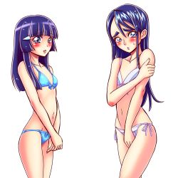 Rule 34 | 00s, 10s, 2girls, absurdres, aoki reika, bikini, blue bikini, blue eyes, blue hair, blush, color connection, covering privates, covering breasts, covering crotch, cowboy shot, embarrassed, eyebrows, flat chest, front-tie top, hair ornament, hair tubes, hand on own arm, highres, hime cut, long hair, matching hair/eyes, minazuki karen, multiple girls, omochi100ko, open mouth, parted lips, precure, side-tie bikini bottom, simple background, smile precure!, sweatdrop, swimsuit, thick eyebrows, transparent background, yes! precure 5