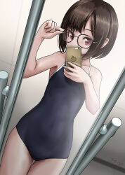 Rule 34 | 1girl, apple inc., black hair, black neckerchief, black one-piece swimsuit, cellphone, commentary request, cowboy shot, emoji, glasses, highres, holding, holding phone, iphone, long sleeves, looking at viewer, mirror, navel, neckerchief, one-piece swimsuit, original, phone, reflection, rohitsuka, school swimsuit, selfie, short hair, smartphone, solo, swimsuit, swimsuit under clothes, taking picture, thigh gap