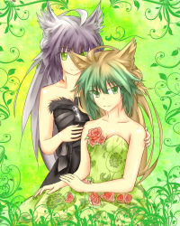 Rule 34 | 2girls, absurdres, ahoge, animal ears, atalanta (fate), bare arms, bare shoulders, black dress, breasts, brown hair, cat ears, cat girl, cleavage, collarbone, dress, dual persona, fate/apocrypha, fate/grand order, fate (series), female focus, floral print, flower, fur trim, gradient hair, green background, green dress, green eyes, green hair, grey hair, highres, light brown hair, long hair, looking at viewer, multicolored hair, multiple girls, neck, pink flower, pink rose, purple hair, red flower, red rose, rose, smile, strapless, strapless dress, two-tone hair, yin man tong xing, yuri