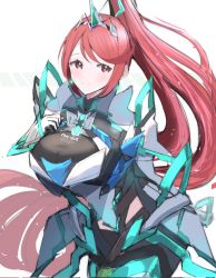 Rule 34 | 1girl, alternate eye color, alternate hair color, breasts, chest jewel, earrings, gem, gloves, greek text, headpiece, highres, jewelry, juneplums, large breasts, long hair, pneuma (xenoblade), ponytail, red eyes, red hair, simple background, solo, swept bangs, tiara, very long hair, xenoblade chronicles (series), xenoblade chronicles 2