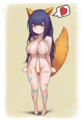 Rule 34 | 1girl, absurdres, animal ears, areola slip, arms at sides, bandaid, bandaid on leg, bare arms, barefoot, blunt bangs, blush, bottomless, breasts, cleavage, covered erect nipples, full body, highres, kkusak (kkusag ks), large breasts, long hair, original, purple hair, short eyebrows, simple background, slit pupils, solo, tagme, tail, yellow eyes