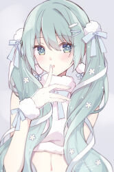 Rule 34 | 1girl, :o, blue eyes, blue nails, blue ribbon, blush, commentary, crop top, dot nose, earrings, finger to mouth, fingernails, fur-trimmed shirt, fur trim, green hair, grey background, hair between eyes, hair ribbon, hatsune miku, hazuki natsu, highres, jewelry, long bangs, long hair, looking at viewer, nail polish, navel, open mouth, pom pom (clothes), pom pom earrings, ribbon, shirt, sidelocks, simple background, solo, stomach, twintails, upper body, vocaloid, wrist cuffs
