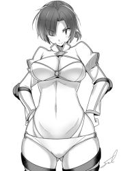 Rule 34 | 1girl, ;), artist name, blush, boudica (fate), breasts, cleavage, closed mouth, commentary request, cowboy shot, fate/grand order, fate (series), fue (rhomphair), gluteal fold, greyscale, hair over one eye, hands on own hips, juliet sleeves, large breasts, long sleeves, looking at viewer, monochrome, navel, o-ring, o-ring top, one eye closed, parted bangs, puffy sleeves, short hair, shrug (clothing), signature, simple background, smile, solo, thighhighs