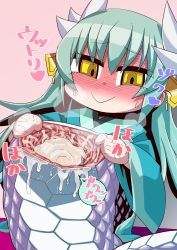 Rule 34 | 1girl, chibi, cloaca, cum, cum in pussy, dragon girl, fate/grand order, fate (series), gaping, green eyes, green hair, highres, horns, japanese clothes, kimono, kiyohime (fate), lamia, looking at viewer, monster girl, no panties, parody, pussy, pussy juice, riyo (lyomsnpmp) (style), samon shiu, smile, spread pussy, style parody, text focus