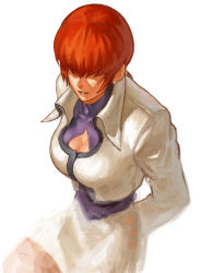 Rule 34 | 1girl, breasts, cleavage, cleavage cutout, clothing cutout, dress, earrings, hair over eyes, jewelry, medium breasts, neo geo battle coliseum, official art, ogura eisuke, red hair, shermie (kof), snk, solo, the king of fighters