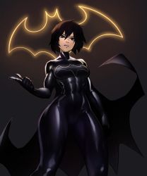 Rule 34 | abs, bat wings, batgirl, black hair, bodysuit, cape, cassandra cain, dc comics, grey eyes, highres, looking down, meme, mildly muscular women think they&#039;re gods (meme), open mouth, psuede, short hair, thick thighs, thighs, toned, wings
