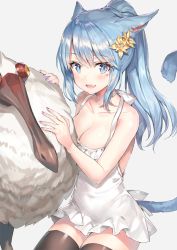 Rule 34 | 1girl, :d, animal, animal ears, warrior of light (ff14), bare shoulders, black thighhighs, blue eyes, blue hair, blush, breasts, cat ears, cat tail, cleavage, commentary request, dress, facial mark, final fantasy, final fantasy xiv, fingernails, flower, grey background, hair between eyes, hair flower, hair ornament, heart, long hair, looking at viewer, medium breasts, miqo&#039;te, momoko (momopoco), nail polish, open mouth, ponytail, simple background, sitting, sleeveless, sleeveless dress, slit pupils, smile, solo, tail, thighhighs, white dress