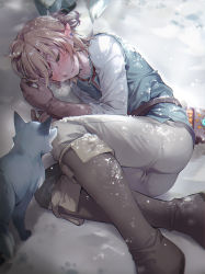 Rule 34 | 1boy, animal, ass, belt, blonde hair, blue shirt, blush, boots, breath, brown footwear, brown gloves, cold, commentary, earrings, elbow gloves, closed eyes, forehead jewel, fox, gloves, highres, hmniao, jewelry, knee boots, link, long sleeves, male focus, nintendo, on ground, outdoors, pants, parted lips, pointy ears, sheikah slate, shirt, short ponytail, sleeping, symbol-only commentary, the legend of zelda, white pants