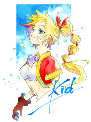 Rule 34 | 1girl, bandages, blonde hair, blue eyes, breasts, chrono cross, cleavage, cloud, crop top, facial mark, gloves, high ponytail, highres, jewelry, kid (chrono cross), long hair, looking at viewer, midriff, minamoto you, multi-tied hair, navel, necklace, ponytail, smile, solo, vest