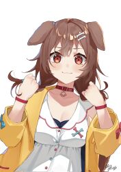 Rule 34 | 1girl, :3, animal collar, animal ears, artist name, blush, bone hair ornament, brown eyes, brown hair, collar, corrupted twitter file, dog ears, dog girl, dress, hair between eyes, hair ornament, hairclip, highres, hololive, inugami korone, inugami korone (1st costume), jacket, long hair, long sleeves, looking at viewer, mads ez, open clothes, open jacket, red collar, smug, solo, upper body, virtual youtuber, white background, white dress, yellow jacket