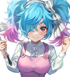 Rule 34 | 1girl, absurdres, apron, blue hair, breasts, fire emblem, fire emblem fates, gradient hair, hair over one eye, highres, holding, holding ladle, jurge, ladle, large breasts, looking at viewer, multicolored hair, nintendo, peri (fire emblem), pink apron, pink hair, red eyes, twintails
