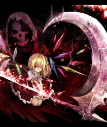 Rule 34 | 1girl, bad id, bad pixiv id, blonde hair, death (entity), embodiment of scarlet devil, female focus, flandre scarlet, grim reaper, hair ribbon, letterboxed, looking at viewer, materializing, no headwear, no headwear, one eye closed, red eyes, ribbon, scythe, seiza, side ponytail, sitting, smile, solo, torino aqua, touhou, wings, wink