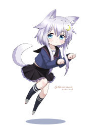 Rule 34 | 1girl, animal ears, black sailor collar, black serafuku, blue shirt, blue skirt, cat ears, cat tail, commentary request, crescent, crescent hair ornament, dated, full body, hair ornament, jumping, kantai collection, looking at viewer, masara (chuujou), one-hour drawing challenge, purple hair, sailor collar, school uniform, serafuku, shirt, short hair, short hair with long locks, simple background, skirt, solo, tail, twitter username, white background, yayoi (kancolle)