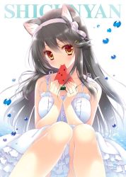 Rule 34 | 1girl, alternate costume, animal ears, artist name, bare shoulders, black hair, breasts, brown eyes, dress, food, food in mouth, fruit, hair ornament, hairband, hairclip, haruna (kancolle), holding, holding food, kantai collection, large breasts, long hair, looking at viewer, shigunyan, simple background, sitting, sleeveless, sleeveless dress, smile, solo, watermelon, white background, white dress, white hairband