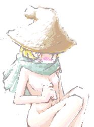 Rule 34 | 1girl, abiko yuu, blonde hair, blush, breasts, female, functionally nude, hat, legs, looking at viewer, lowres, muhyo to rouji no mahouritsu soudan jimusho, navel, nipples, nude, orange eyes, scarf, sitting, small breasts, solo, thighs, uncensored, white background