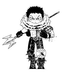Rule 34 | 1boy, abs, arm tattoo, aura, belt, blacknirrow, boots, bracelet, charlotte katakuri, chest tattoo, chibi, clenched hands, forehead, full body, fur collar, greyscale, hand up, highres, holding, holding trident, holding weapon, jewelry, knee pads, looking at viewer, male focus, monochrome, no shirt, one piece, outstretched arm, pants, polearm, scar, scar on face, shiny clothes, short hair, simple background, sketch, solo, spiked anklet, spiked bracelet, spiked hair, spikes, standing, straight-on, tattoo, thigh strap, trident, v-shaped eyebrows, weapon, white background
