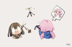 Rule 34 | 2girls, aiming, arknights, blue eyes, blue poison (arknights), bow (weapon), brown hair, brown jacket, closed eyes, commentary, drone, english commentary, grey background, holding, holding bow (weapon), holding weapon, jacket, magallan (arknights), multicolored hair, multiple girls, numbered, open mouth, pink hair, ruri (dailybloopy), short hair, short twintails, simple background, sparkle, speech bubble, streaked hair, twintails, weapon, white hair, wide-eyed
