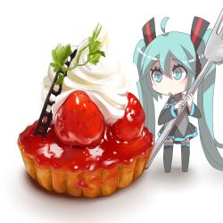 Rule 34 | 1girl, absurdly long hair, akanesixtyaction1, aqua hair, food, food focus, fork, fruit, hatsune miku, holding, holding fork, leaf, long hair, lowres, mini person, minigirl, shadow, simple background, solo, strawberry, twintails, very long hair, vocaloid, whipped cream, white background