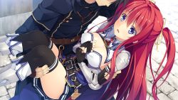 Rule 34 | 1boy, 1girl, aikawa tatsuki, armor, belt, belt buckle, black belt, black gloves, black skirt, black thighhighs, blue eyes, boots, breasts, buckle, carrying, cleavage, day, detached collar, elbow gloves, fingerless gloves, game cg, gloves, hair between eyes, hair ribbon, head out of frame, knee boots, large breasts, long hair, miniskirt, open mouth, outdoors, pleated skirt, princess carry, red hair, ribbon, ryuukishi bloody saga, saria blance, shoulder armor, skirt, thighhighs, twintails, very long hair, white footwear, yellow ribbon, zettai ryouiki