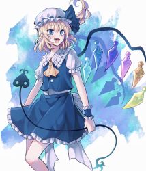 Rule 34 | 1girl, alternate color, alternate eye color, ascot, back bow, blonde hair, blue eyes, blue ribbon, blue skirt, blush, bow, commentary request, crystal, fang, flandre scarlet, frilled shirt collar, frilled skirt, frills, hair between eyes, hat, hat ribbon, highres, holding, laevatein (touhou), looking to the side, mob cap, multicolored wings, nr myt, open mouth, puffy short sleeves, puffy sleeves, ribbon, shirt, short sleeves, side ponytail, skirt, solo, standing, tongue, touhou, white bow, white shirt, wings, wrist cuffs, yellow ascot